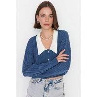 WOVCOR Women's Cropped Rib Knit Cardigan Collar-Detail in Indigo | Size: XS