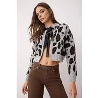WOVCOR Women's Leopard Print Crop Knit Cardigan Button Detail in Light Grey | Size: Small