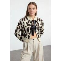 WOVCOR Women's Leopard Print Crop Knit Cardigan Button Detail in Stone | Size: Small