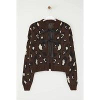 WOVCOR Women's Leopard Print Crop Knit Cardigan Button Detail in Brown | Size: Small