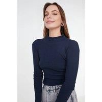 WOVCOR Women's Fitted Stand Collar Long Sleeve Ribbed Knit Blouse in Navy | Size: Large