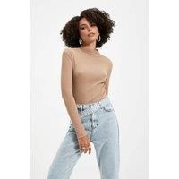 WOVCOR Women's Fitted Stand Collar Long Sleeve Ribbed Knit Blouse in Taupe | Size: Medium