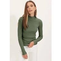WOVCOR Women's Fitted Stand Collar Long Sleeve Ribbed Knit Blouse in Khaki | Size: Large