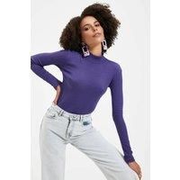 WOVCOR Women's Fitted Stand Collar Long Sleeve Ribbed Knit Blouse in Purple | Size: Large
