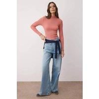 WOVCOR Women's Fitted Stand Collar Long Sleeve Ribbed Knit Blouse in Rose | Size: XS