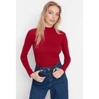 WOVCOR Women's Fitted Stand Collar Long Sleeve Ribbed Knit Blouse in Burgundy | Size: XS