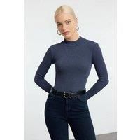 WOVCOR Women's Fitted Stand Collar Long Sleeve Ribbed Knit Blouse in Indigo | Size: XS
