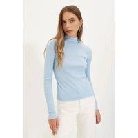 WOVCOR Women's Fitted Stand Collar Long Sleeve Ribbed Knit Blouse in Blue | Size: Medium