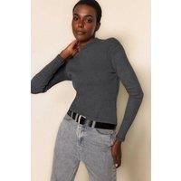 WOVCOR Women's Fitted Stand Collar Long Sleeve Ribbed Knit Blouse in Dark Grey | Size: Large