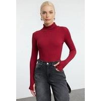 WOVCOR Women's Fitted Turtleneck Knit Blouse with Finger Detail in Burgundy | Size: XL