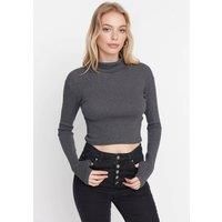 WOVCOR Women's Fitted Turtleneck Knit Blouse with Finger Detail in Dark Grey | Size: Small
