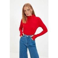 WOVCOR Women's Fitted Turtleneck Knit Blouse with Finger Detail in Red | Size: XL