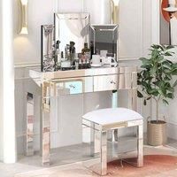 Sleepon Hollywood Mirrored Dressing Table Set With Dressing Table Stool And Mirror, Silver