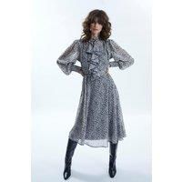Printed Front Ruffle Midi Dress