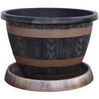 Patio pot with saucer for Plants Wooden Barrel Effect design Made of durable garden plastic 39cm Pot and Saucer by Thompson and Morgan (1)