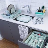 Wham 4 Piece Casa Plastic Kitchen Set (38cm Rectangular Bowl, Large Cutlery Tray, Large Dish Drainer & Sink Tidy) (Silver Sage)