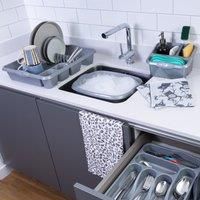 Wham 4 Piece Casa Plastic Kitchen Set (38cm Rectangular Bowl, Large Cutlery Tray, Large Dish Drainer & Sink Tidy) (Silver)