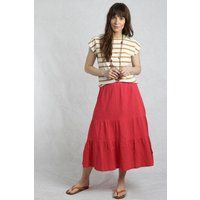 Weird Fish Lathika Organic Cotton Tiered Midi Skirt Crimson Size 16