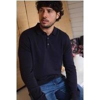 Weird Fish Men's Alden Long Sleeve Knitted Polo in Midnight | Size: Large