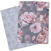 Catherine Lansfield Dramatic Floral 100% Cotton Tea Towel, Grey, 2 Pack