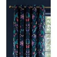 Catherine Lansfield Mya Tropical Floral 46x72 Inch Lined Eyelet Curtains Two Panels Navy Blue