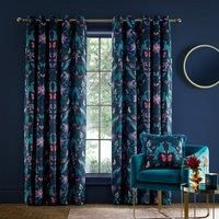 Catherine Lansfield Navy Blue Mya Tropical Floral Eyelet Ring Top Curtains Pair