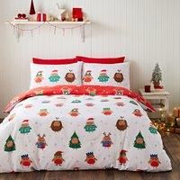 Catherine Lansfield Christmas Party Robins Duvet Set- Single - White/Red