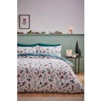 Catherine Lansfield Brushed Christmas Holly And Mistletoe Duvet Set- King - White/Green