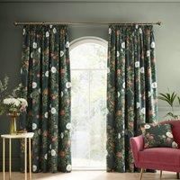 RHS Arcadia Floral Velour Fully Lined Pencil Pleat Curtains Pair Green