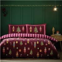 Catherine Lansfield Christmas Nutcracker Stripe Reversible Single Duvet Cover Set with Pillowcase Plum