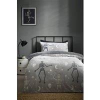 Catherine Lansfield Halloween Skeleton Fleece Glow in the Dark Single Duvet Cover Set with Pillowcase Grey