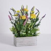 Artificial Wild Flower Multi in Wooden Pot 38cm Yellow, Green and Grey