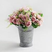 6pk Artificial Rose and Heather Pink Bouquet 28cm Pink