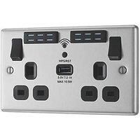LAP 13A 2-Gang SP Switched Wi-Fi Extender + 2.1A 1-Outlet Type A USB Charger Brushed Steel with Black Inserts (658FV)