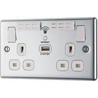 LAP 13A 2-Gang SP Switched Wi-Fi Extender Socket + 2.1A 1-Outlet Type A USB Charger Polished Chrome with White Inserts (933HF)