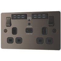 LAP 13A 2-Gang SP Switched Wi-Fi Extender Socket + 2.1A 1-Outlet Type A USB Charger Black Nickel with Black Inserts (422HF)
