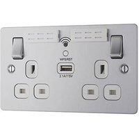 LAP 13A 2-Gang SP Switched Wi-Fi Extender Socket + 2.1A 1-Outlet Type A USB Charger Brushed Stainless Steel with White Inserts (883HF)