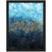 Wee Blue Coo Abstract Blue And Gold Watercolour Large Framed Art Print Wall Poster 18x24 inch