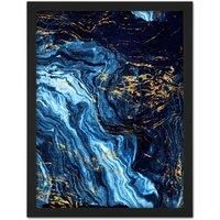 Abstract Dark Blue Gold Pour Large Framed Art Print Wall Poster