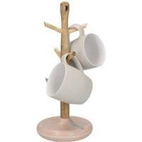 KitchenCraft Serenity Wooden Mug Tree, Mango Wood/Marble, Brown/Pink, 15 x 36 cm