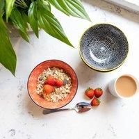 KitchenCraft Glazed Stoneware Bowl Set of 4, Red and Black Floral, 15.5 x 7.5cm, Gift Boxed