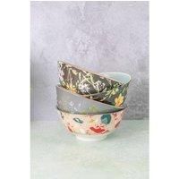KitchenCraft Glazed Stoneware Bowl Set of 4, Boho Floral, 15.5 x 7.5cm, Gift Boxed, Green,grey,orange,pink