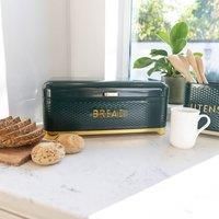 KitchenCraft Lovello Textured Large Bread Bin with Lid, Ventilated Design, 41.5 x 20 x 18cm – Hunter Green & Gold
