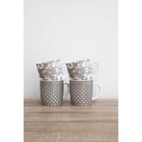 Kitchencraft Grey Dot Floral Set Of 4 Barrel Mugs