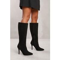 Womens High Heel Calf Boots Winter Shoes Faux Leather Round Toe Mid-Calf
