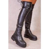 Womens Chunky Over The Knee Boot Lace Detail Faux Leather Up Round Toe