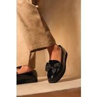 Womens Zilpah Extra Wide Fit Flat Shoes Ballet Sliders With Bow In Black