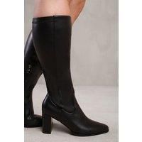 'Alpha' Stretch Wide Calf Block Heel Knee High Boots With Stitch Detail