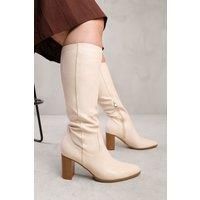 'Alpha' Stretch Wide Calf Block Heel Knee High Boots With Stitch Detail