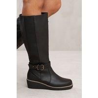'Jacinta' Wedge Heel Knee High Boots With Elastic Panel